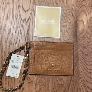 NWT MSRP$128 MICHAEL KORS Small Pebbled Leather Chain Card Case Brown Gold
